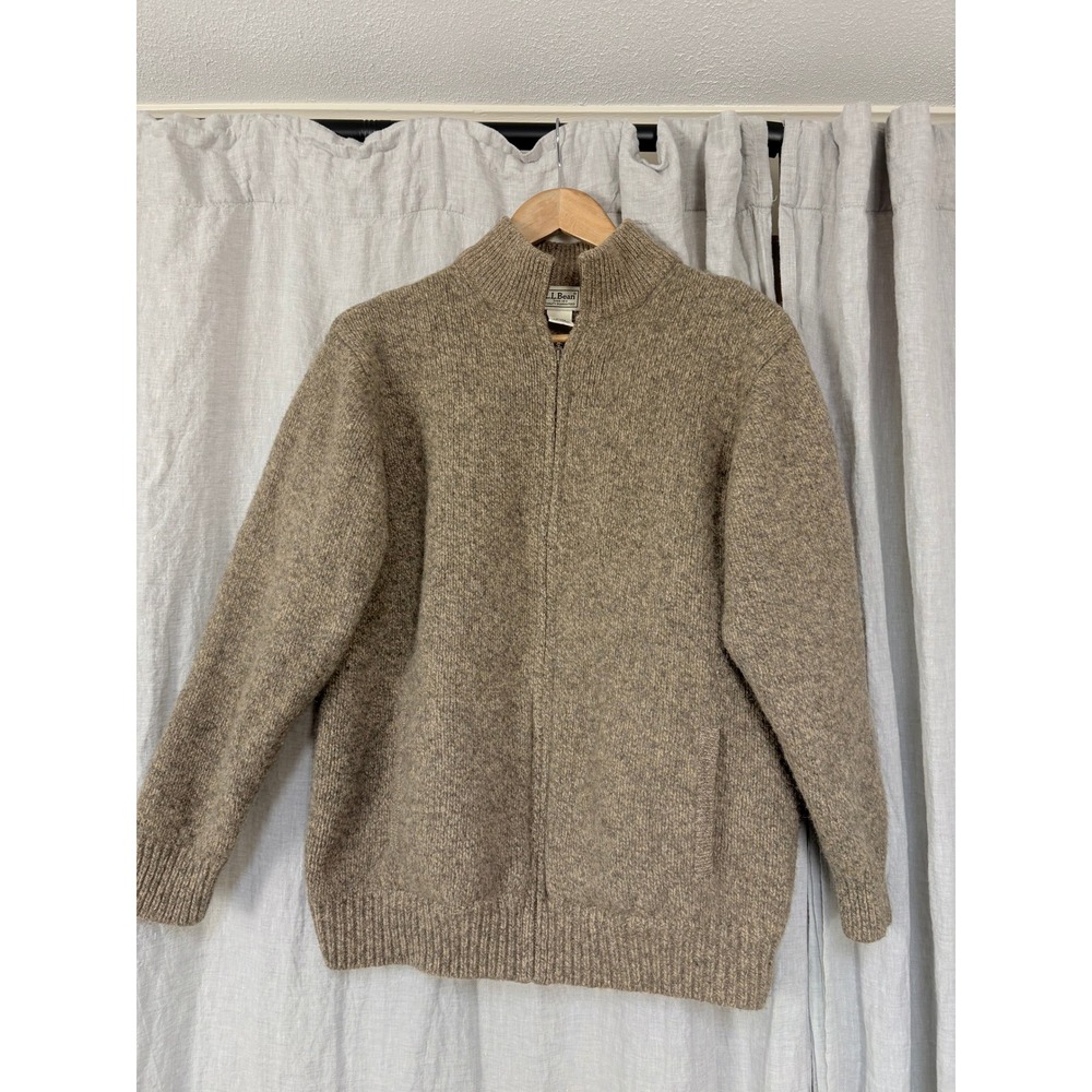 LL Bean Mens XL Lambswool Full Zip Cardigan Sweater Heather Brown Mock Neck